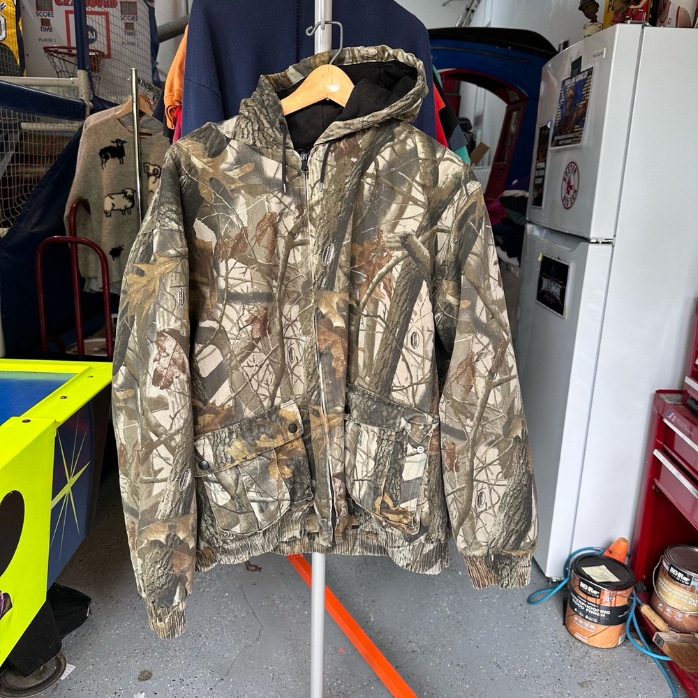 Camouflage Print Hooded Elastic Cuffs Front Pockets Hunting Jacket Extra Large - Picture 6 of 6